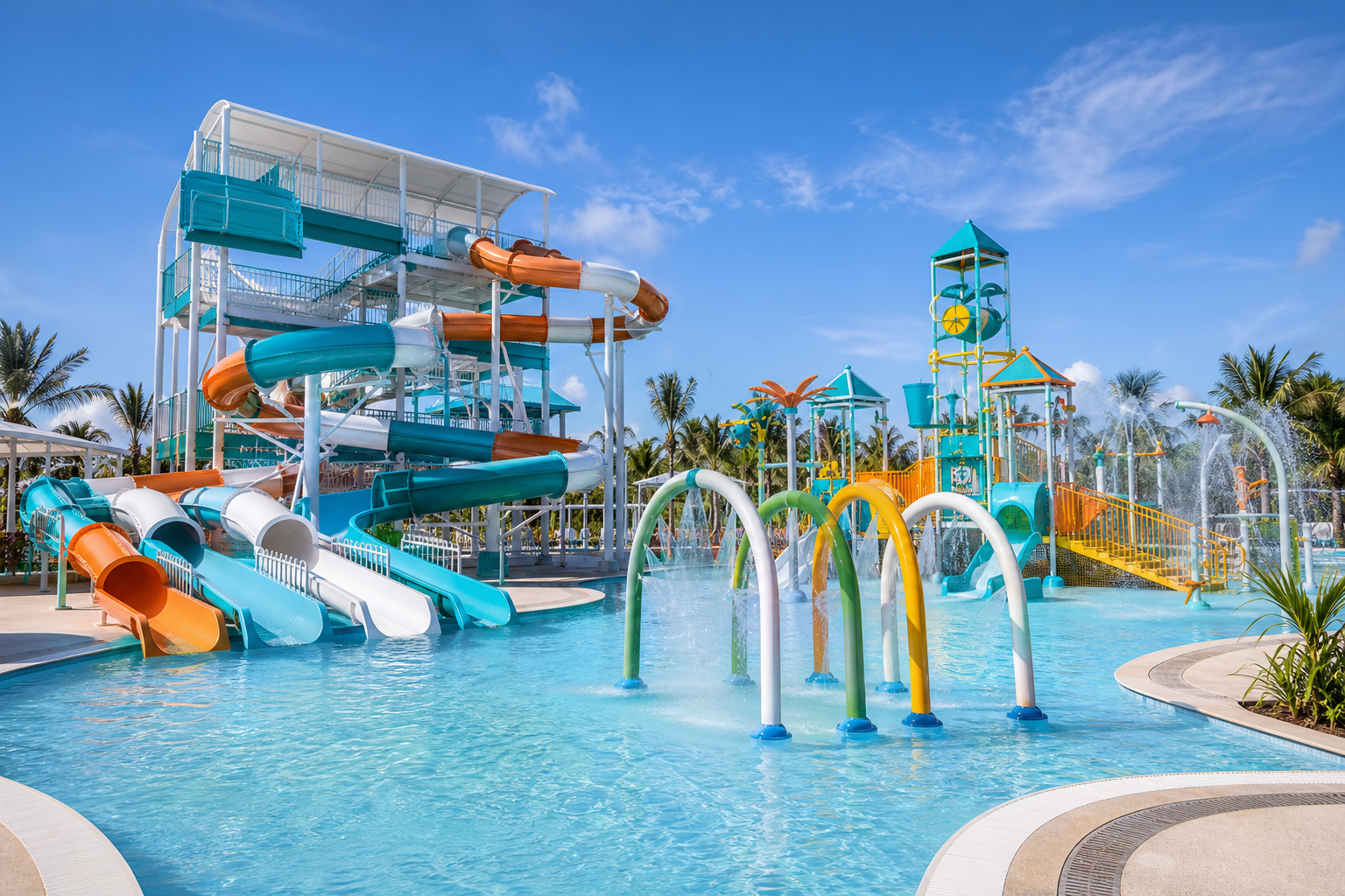 Water park slides and splash play equipment